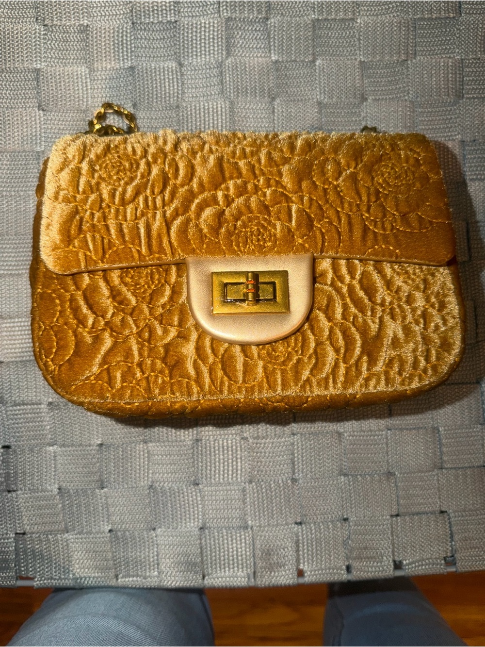 Gold Quilted Floral Velvet Shoulder Bag
